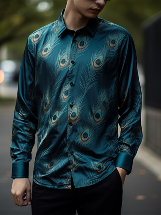  Peacock Feather Casual Men's Shirt Daily Wear Going out Fall & Winter Turndown Long Sleeve Red, Blue, Green S, M, L 4-Way Stretch Fabric Shirt