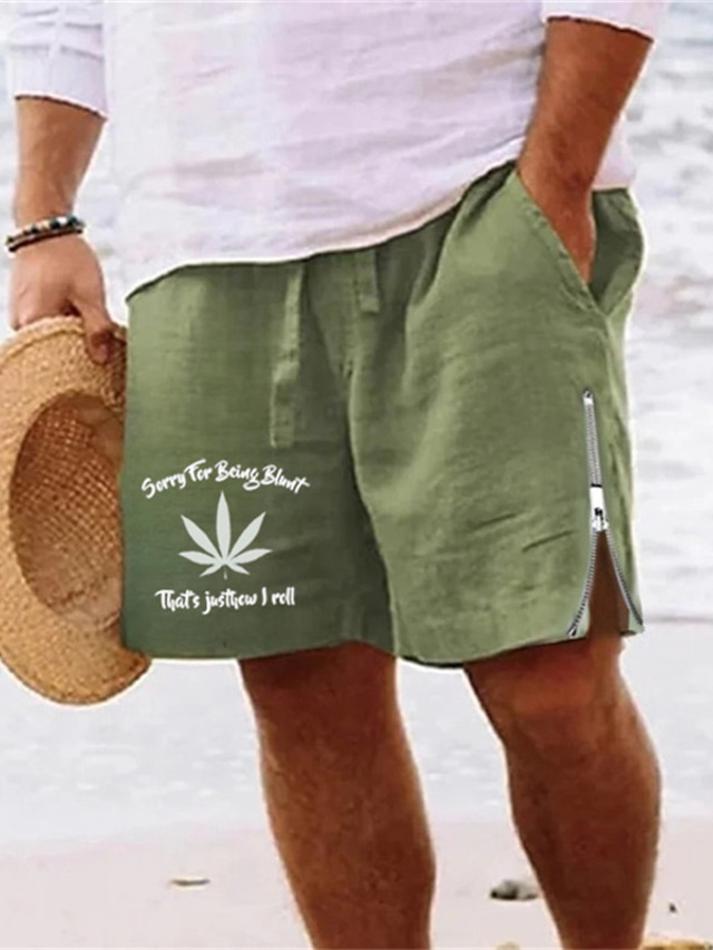  Men's Shorts Summer Shorts Beach Shorts Zipper Drawstring Elastic Waist Leaf Letter Comfort Breathable Short Daily Holiday Going out Cotton Blend Hawaiian Casual Army Green Royal Blue