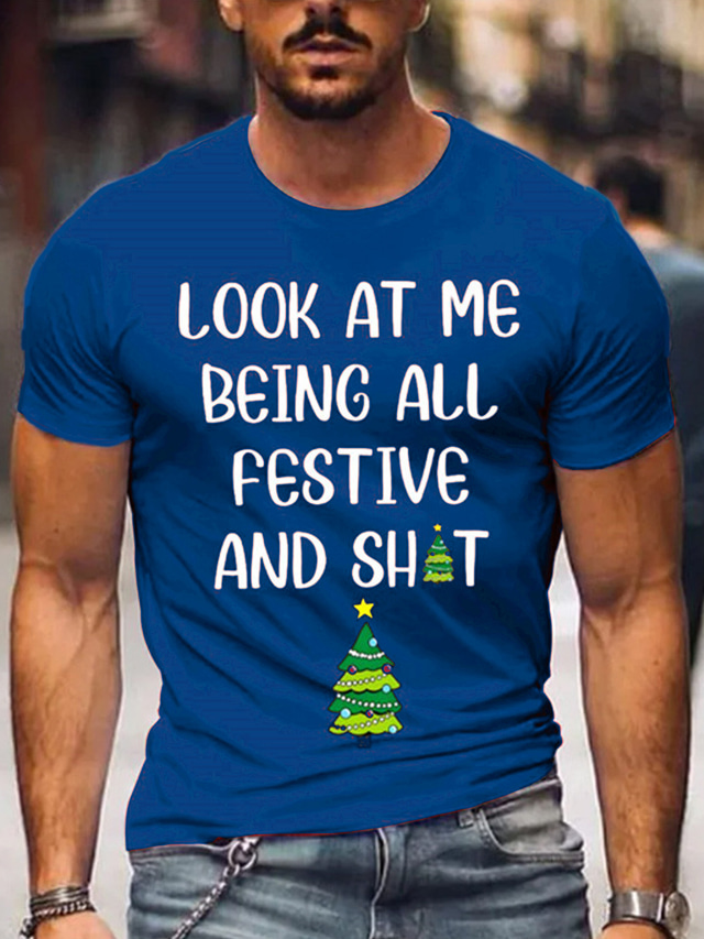  Weihnachts-T-Shirt für Herren mit lustiger Weihnachtsgrafik und lustigem Baum-T-Shirt mit Buchstabenaufdruck, 100 % Baumwolle, Grafik, Sport, klassisch, kurze Ärmel, bequemes T-Shirt, Sport, Outdoor,