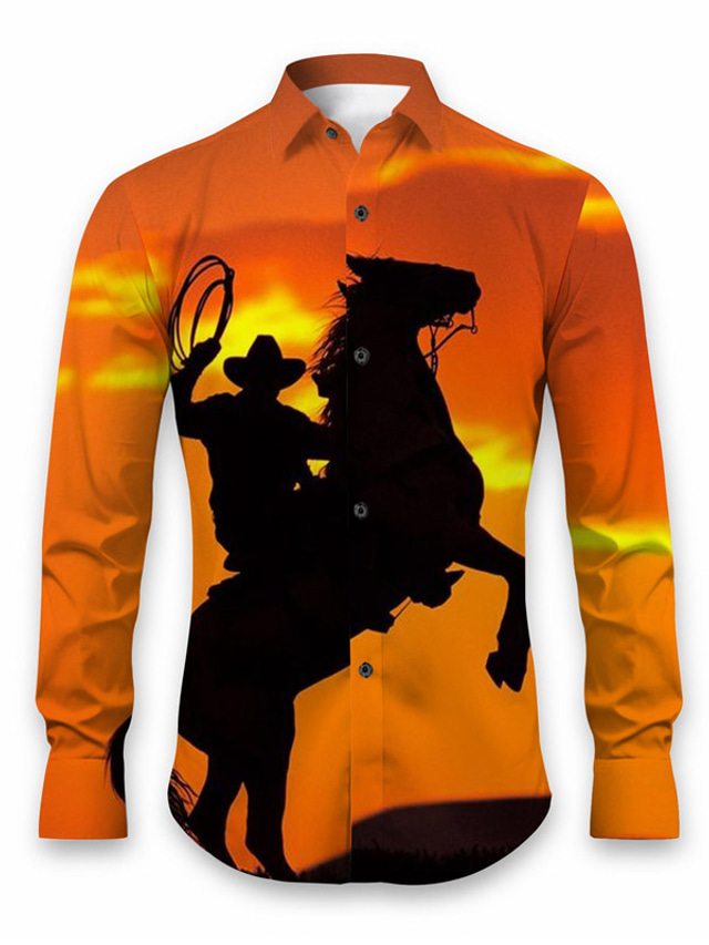  Horse Casual Men's Shirt Daily Wear Going out Fall & Winter Turndown Long Sleeve Orange, Green S, M, L 4-Way Stretch Fabric Shirt