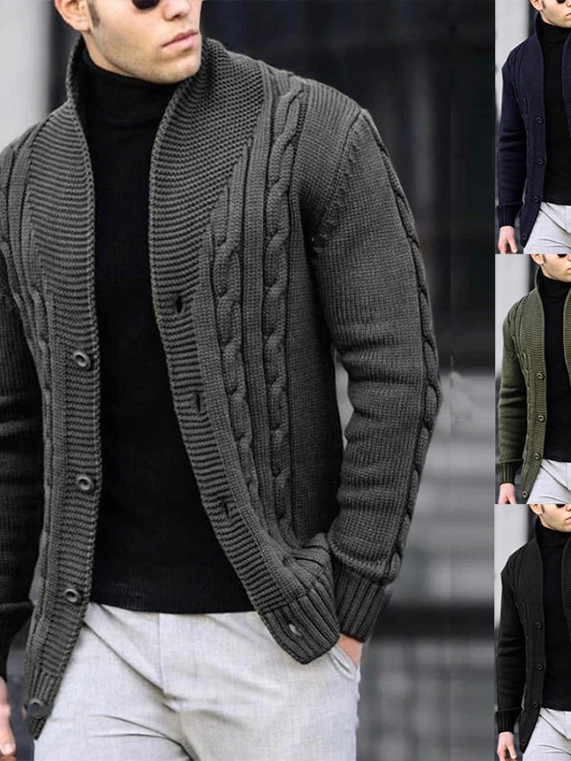  Men's Cardigan Sweater Cropped Sweater Cable Knit Regular Button Up Plain Lapel Vintage Warm Ups Casual Daily Wear Clothing Apparel Fall Winter Black White S M L