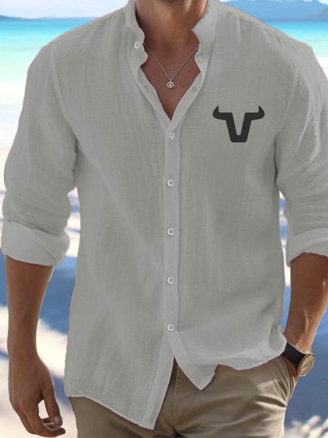  Men's Linen Linen Cotton Blend Shirt Linen Shirt Button Up Shirt Dallas Cowboys Print Long Sleeve Standing Collar Black, White, Dark Blue Shirt Outdoor Daily Wear Vacation