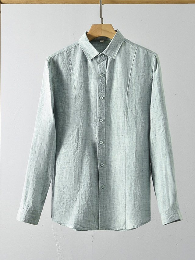  100% Linen Men's Shirt Linen Shirt Casual Shirt White Navy Blue Blue Long Sleeve Plain Lapel Spring &  Fall Casual Daily Clothing Apparel