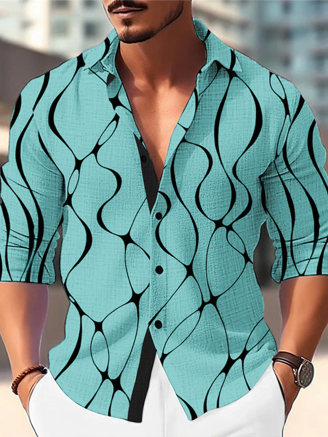  camisa casual de geometría para hombre uso diario salir fin de semana otoño& camisa de invierno de manga larga blanca, azul s, m, l de tejido flameado