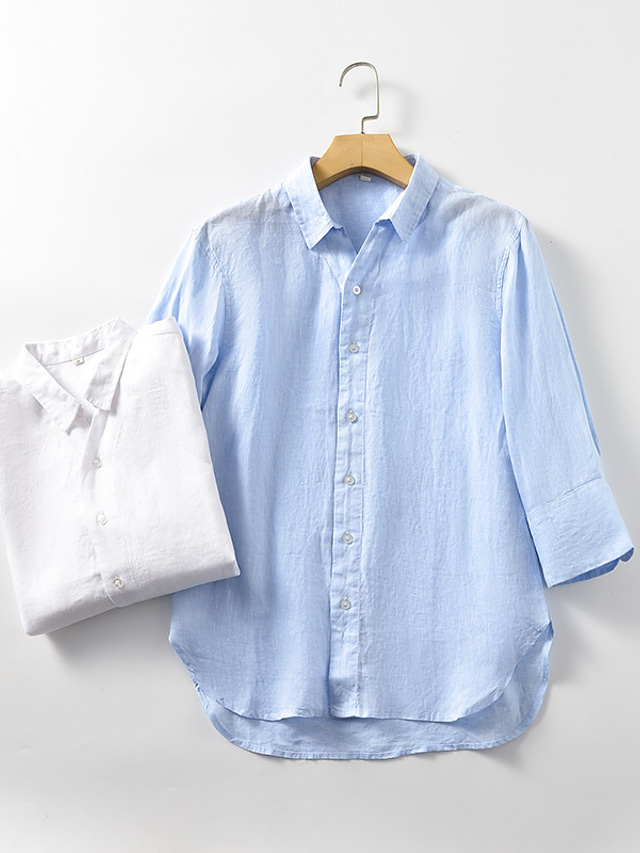  100% Linen Men's Shirt Linen Shirt Casual Shirt White Blue Half-Sleeve Plain Lapel Spring &  Fall Casual Daily Clothing Apparel