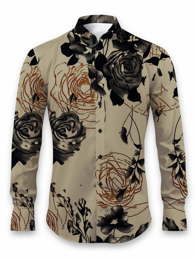  Floral Casual Men's Shirt Daily Wear Going out Fall & Winter Turndown Long Sleeve White, Khaki, Gray S, M, L 4-Way Stretch Fabric Shirt