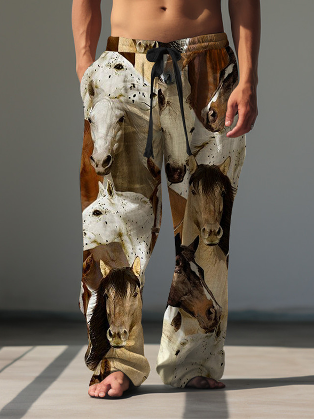  Винтажные мужские брюки с 3D принтом лошади, брюки для улицы, выхода на улицу, полиэстер, синие, коричневые, цвета хаки, s, m, эластичные брюки со средней талией