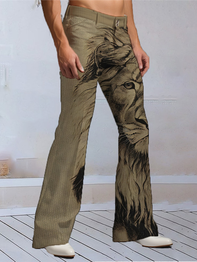  Lion Vintage Men's 3D Print Corduroy Pants Pants Trousers Outdoor Daily Wear Streetwear Polyester Khaki S M L Medium Waist Elasticity Pants