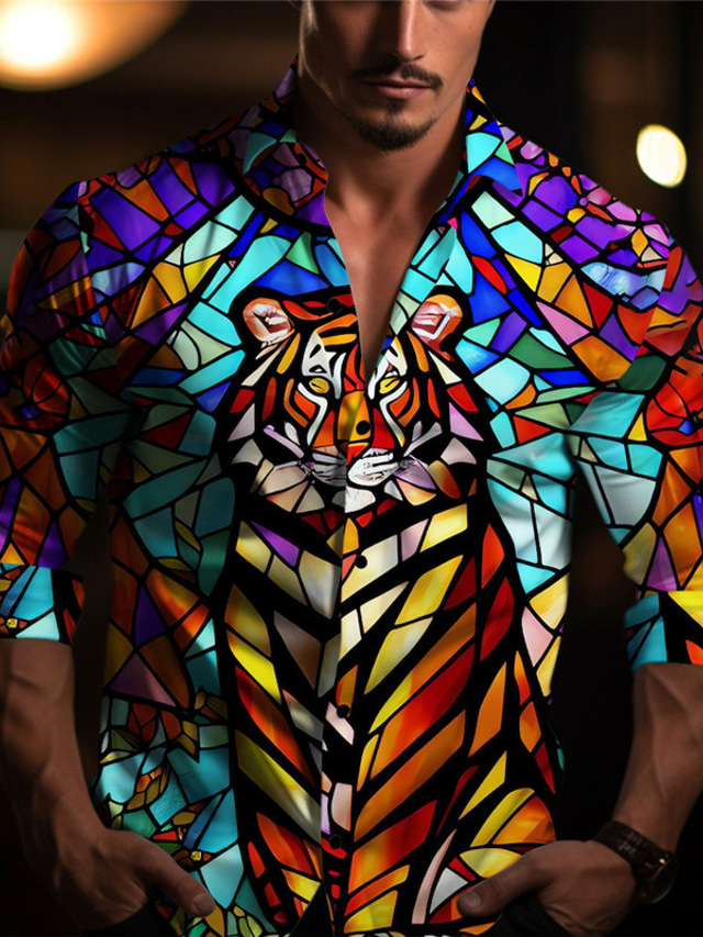  Color Block Tiger Colorful Artistic Abstract Men's Shirt Daily Wear Going out Fall & Winter Turndown Long Sleeve Yellow, Blue S, M, L 4-Way Stretch Fabric Shirt
