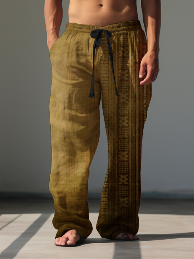  Stammes-Bandana-Druck, Vintage-Herrenhose mit 3D-Druck, Hose für draußen, Straße, Ausgehen, Polyester, blau, grün, Khaki, S, M, L, mittlere Taille, elastische Hose