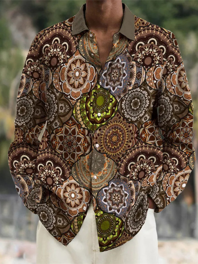  Floral Casual Men's Shirt Daily Wear Going out Weekend Fall & Winter Turndown Long Sleeve Brown S, M, L Slub Fabric Shirt