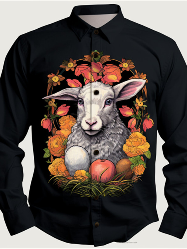  Sheep Casual Men's Shirt Easter Fall & Winter Turndown Long Sleeve Black S, M, L 4-Way Stretch Fabric Shirt Easter