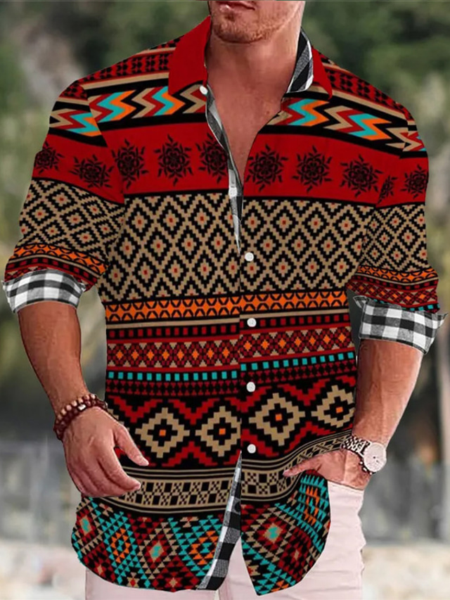  Geometry Vintage Tribal Men's Shirt Daily Wear Going out Weekend Fall & Winter Turndown Long Sleeve Burgundy S, M, L Slub Fabric Shirt