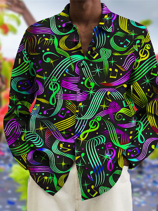  Carnaval notas musicales camisa casual para hombre uso diario salir fin de semana otoño& camisa de invierno manga larga negro, amarillo, verde s, m, l flameado