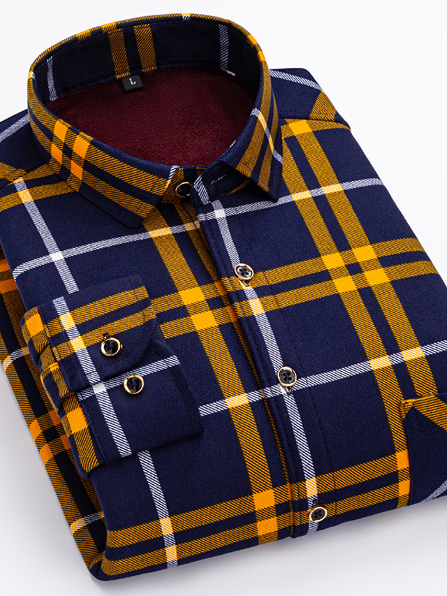  Men's Shacket Yellow Camel Brown Long Sleeve Plaid / Striped / Chevron / Round Classic Collar Fall / Winter New Year Vacation Clothing Apparel Print