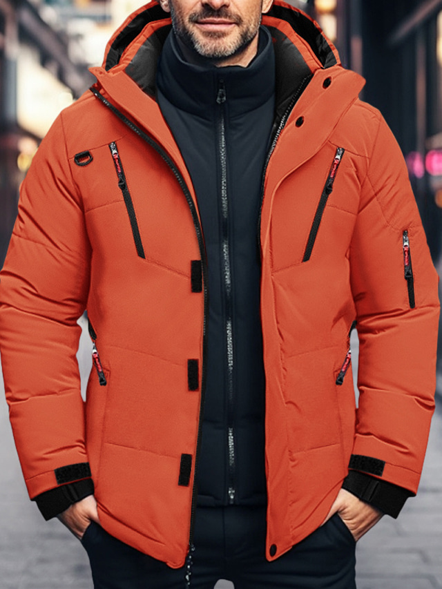  Men's Winter Coat Winter Jacket Puffer Jacket Zipper Pocket Polyster Pocket Outdoor Date Casual Daily Regular Fashion Casual Thermal Warm Windproof Winter Plain Black Blue Orange Army Green Puffer