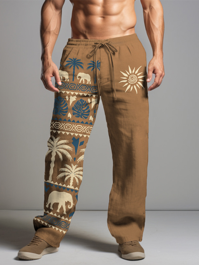  Men's Graphic Animal Tribal Linen Pants Pants Trousers Baggy Pants Mid Waist Vintage Casual Daily Wear Vacation Going out Spring Fall Black White Brown