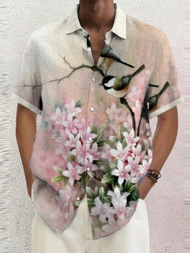  Valentine's Day Floral Casual Men's Shirt Daily Wear Going out Weekend Autumn / Fall Turndown Short Sleeves Khaki S, M, L Slub