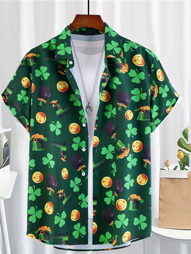  Four Leaf Clover Casual Men's Shirt Daily Wear Going out Weekend Autumn / Fall Turndown Short Sleeves Green S, M, L 4-Way Stretch Fabric Shirt St. Patrick