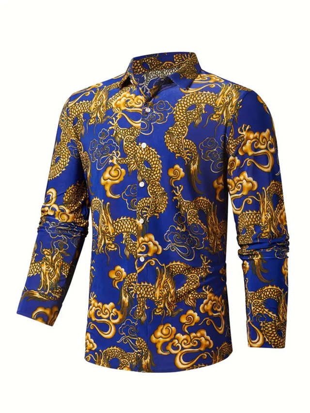  Dragon Casual Men's Shirt Daily Wear Going out Fall & Winter Turndown Long Sleeve Blue S, M, L 4-Way Stretch Fabric Shirt