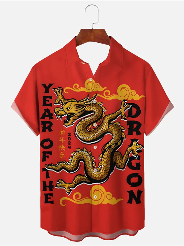  Dragon Casual Men's Shirt Daily Wear Going out Weekend Autumn / Fall Turndown Short Sleeves Red S, M, L 4-Way Stretch Fabric Shirt New Year