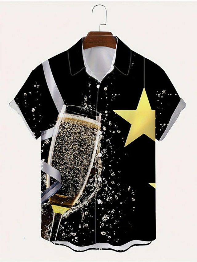  Бокал вина, повседневная мужская рубашка, повседневная одежда, выходной, осень/осень, отложной, с короткими рукавами, черная, s, m, l, рубашка из эластичной ткани в 4 направлениях, новый год