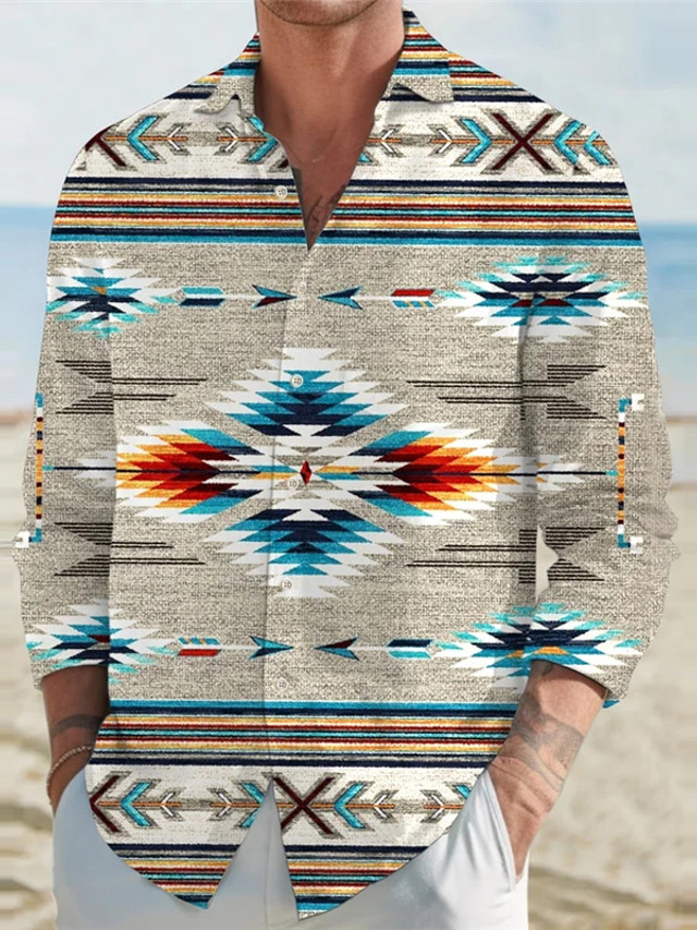  Tribal Geometry Tribal Men's Shirt Daily Wear Going out Weekend Fall & Winter Turndown Long Sleeve Red, Green, Khaki S, M, L Slub Fabric Shirt