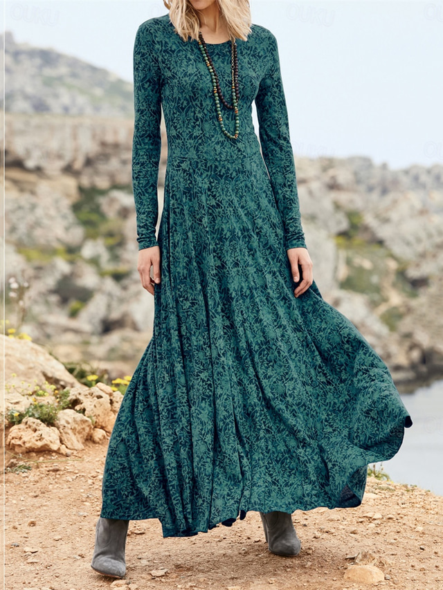  Women's Midi Dress A Line Dress Casual Dress Winter Dress Swing Dress Streetwear Modest Formal Vacation Party Regular Fit Floral Long Sleeve Crew Neck Green Fall Winter