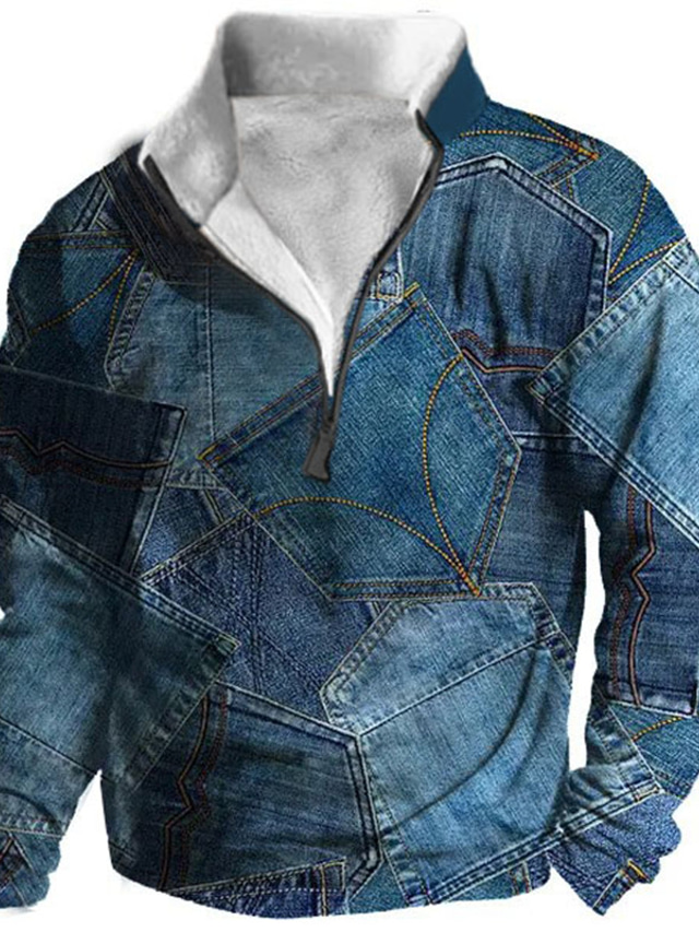  Graphic Patchwork Men's Daily 3D Print Sweatshirt Holiday Vacation Going out Sweatshirts Blue Brown Long Sleeve Quarter Zip Print Fleece Fall & Winter Designer Hoodie Sweatshirt