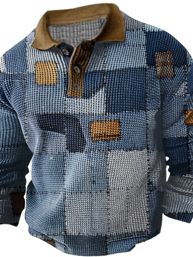  Kolorowy blok Pled / Check Męskie Codzienny 3D Nadruk Koszulka polo z waflami polo golfowe Na zewnątrz Codzienne Streetwear Tkanina waflowa Długi rękaw Wieczorne Koszulki polo Niebieski Khaki Jesie
