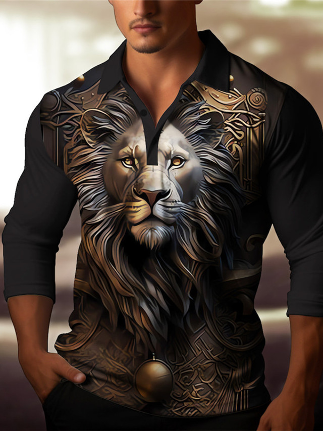  Lion Relief Pattern Men's Abstract 3D Print Outdoor Casual Daily Streetwear Polyester Long Sleeve Turndown Polo Shirts Yellow Gold Fall & Winter S M L Micro-elastic Lapel Polo