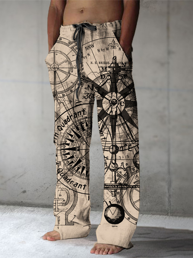  Compass Vintage Men's 3D Print Pants Trousers Outdoor Street Going out Polyester White Blue Green S M L Mid Waist Elasticity Pants