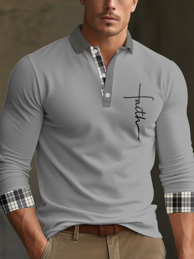  Men's Faith Long Sleeve Polo Shirts Turndown Casual Outdoor Casual Daily Streetwear 3D Print Black White Wine