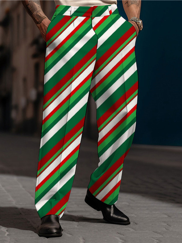  縞 ビジネス カジュアル 男性用 3Dプリント クリスマスパンツ スーツ パンツ アウトドア ストリート 仕事に着る ポリエステル ブルー パープル 褐色 S M L ハイウエスト 弾性 パンツ