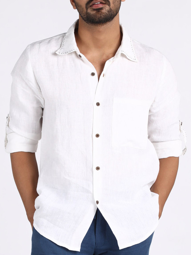  Men's Shirt Linen Shirt Button Up Shirt Casual Shirt White Red Long Sleeve Plain Lapel Spring &  Fall Casual Daily Clothing Apparel