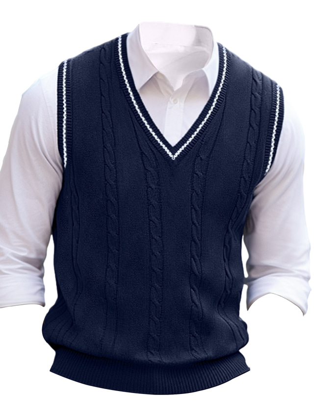  Men's Sweater Vest Pullover Sweater Jumper Knit Sweater Ribbed Cable Knit Regular Knitted Plain V Neck Keep Warm Modern Contemporary Daily Wear Going out Clothing Apparel Fall Winter White Wine M L XL