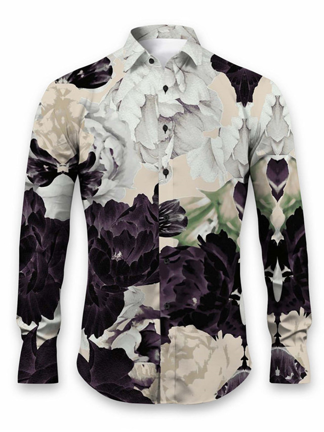  Floral Casual Men's Shirt Daily Wear Going out Fall & Winter Turndown Long Sleeve Purple, Khaki, Apricot S, M, L 4-Way Stretch Fabric Shirt