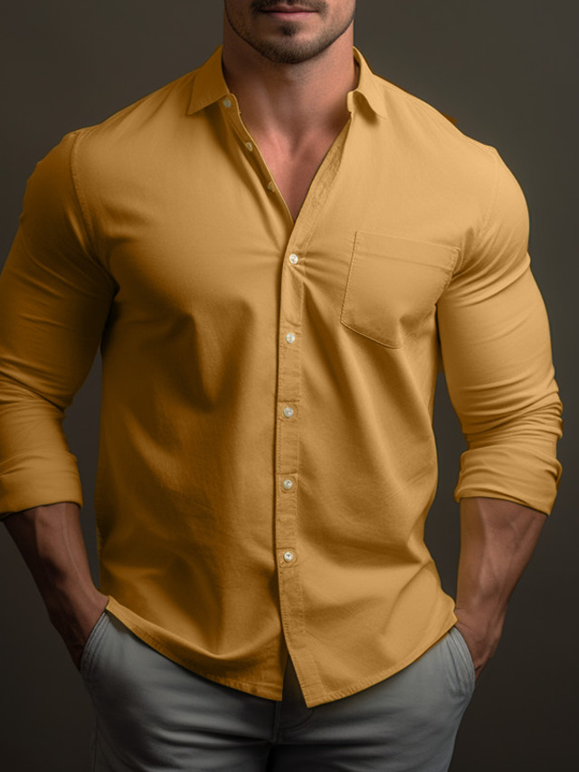 Men's Shirt Button Up Shirt Casual Shirt Yellow Pink Blue Long Sleeve Plain Lapel Daily Vacation Front Pocket Clothing Apparel Fashion Casual Comfortable