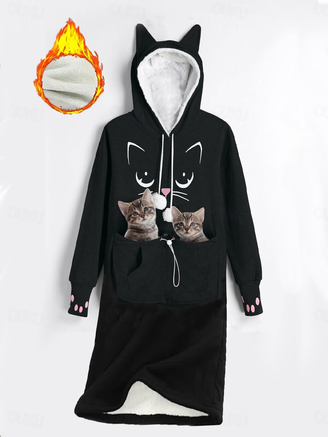  Women's Hoodie Dress Casual Dress Mini Dress Sherpa Fleece Lined Warm Outdoor Going out Weekend Hoodie Pocket Print Cat Loose Fit Black S M L XL XXL