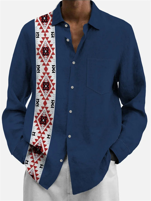  Geometry Ethnic Vintage Tribal Men's Shirt Daily Wear Going out Fall & Winter Turndown Long Sleeve Navy Blue S, M, L 4-Way Stretch Fabric Shirt