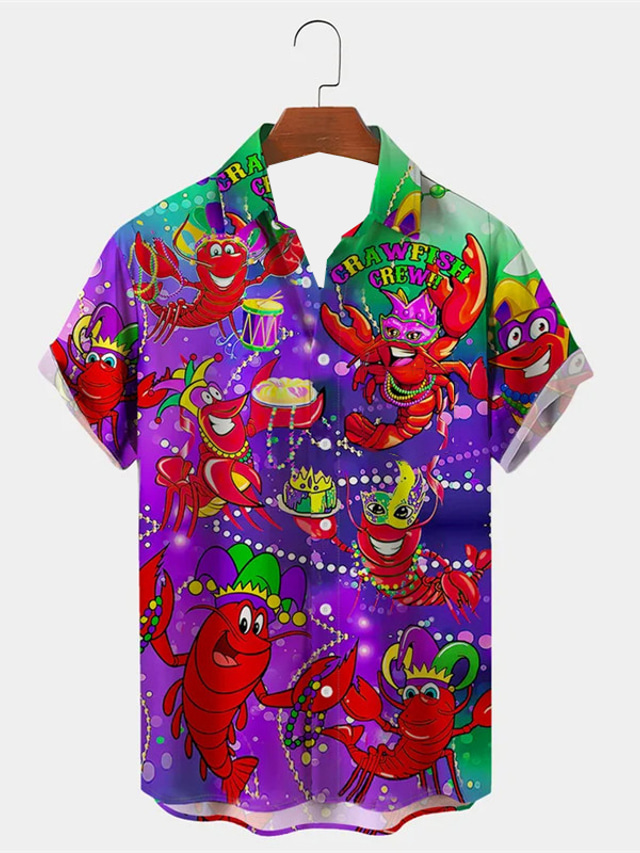  camisa masculina artística de camarão carnaval uso diário saindo fim de semana outono/outono abertura de cama manga curta roxo, verde s, m, l tecido elástico de 4 direções