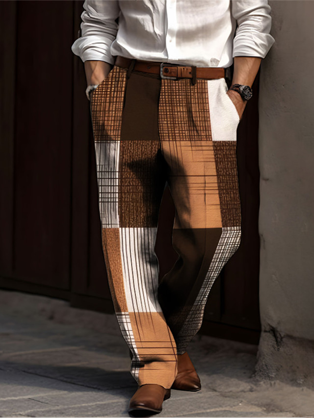  格子柄 ビジネス 男性用 3Dプリント スーツ パンツ アウトドア ストリート 仕事に着る ポリエステル ブルー オレンジ グリーン S M L ハイウエスト 弾性 パンツ