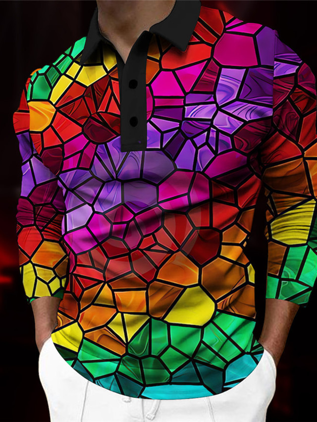  Color Block Colorful Men's Abstract 3D Print Outdoor Casual Daily Streetwear Polyester Long Sleeve Turndown Polo Shirts Purple Green Fall & Winter S M L Micro-elastic Lapel Polo