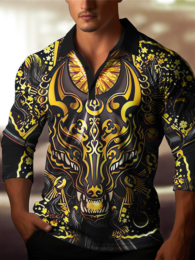  Symbol Totem Men's Vintage Print 3D Outdoor Casual Daily Streetwear Polyester Long Sleeve Turndown Polo Shirts Yellow Purple Fall & Winter S M L Micro-elastic Lapel Polo