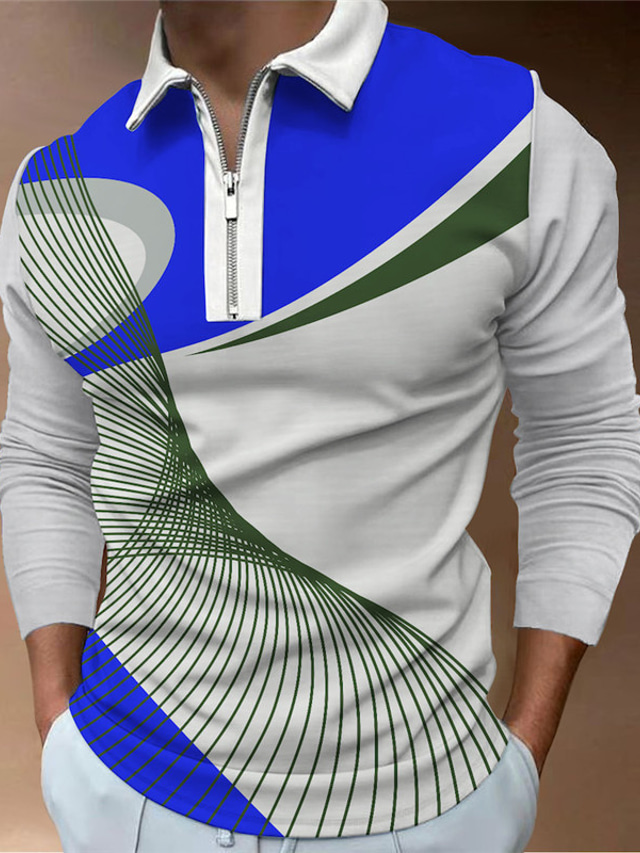  Kleurenblok Geometrie Voor heren Casual 3D Afdrukken Polo met rits golfpolo Buiten Casual / Dagelijks Streetwear Polyester Lange mouw Strijkijzer Rits Poloshirt Geel Wijn Herfst winter S M L