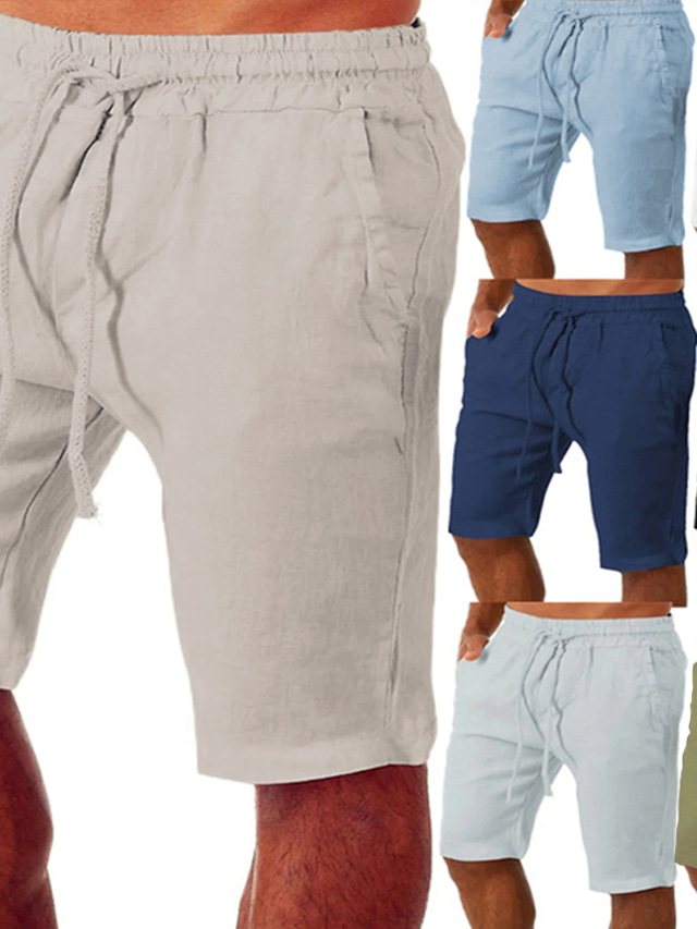  Homens Shorts de linho Shorts de verão Bolsos Com Cordão Cintura elástica Tecido Conforto Ao ar livre Diário Para Noite Moda Roupa de rua Preto Branco