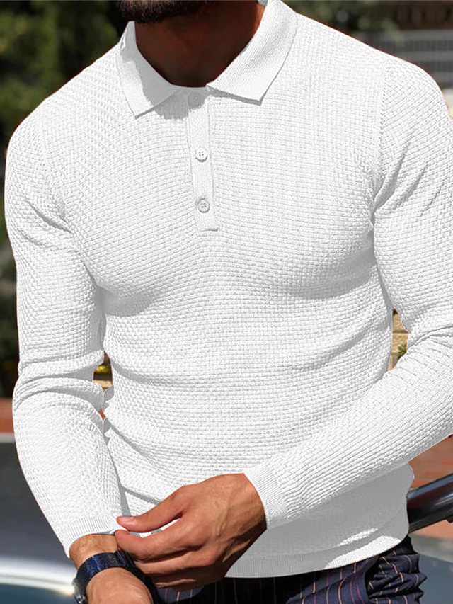  Men's Waffle Polo Shirt Golf Shirt Casual Sports Lapel Long Sleeve Fashion Basic Plain Button Spring &  Fall Regular Fit Black White Grey Waffle Polo Shirt