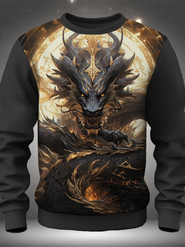  Graphic Dragon Men's Fashion 3D Print Golf Pullover Sweatshirt Holiday Vacation Going out Sweatshirts Yellow Red Long Sleeve Crew Neck Print Spring &  Fall Designer Hoodie Sweatshirt