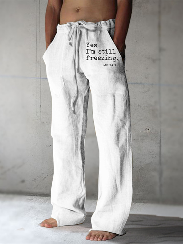  Men's Graphic Letter Linen Pants Pants Trousers Mid Waist Casual Daily Wear Vacation Going out Spring Fall Black White Green