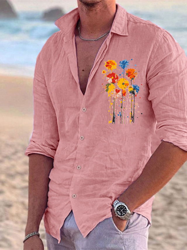  Муж. Полиэстер Лён Рубашка льняная рубашка Граффити С принтом Длинный рукав Лацкан Белый, Розовый, Синий Рубашка на открытом воздухе Повседневные Отпуск